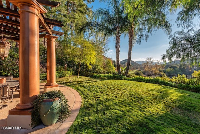 view of yard with a mountain view and a patio area