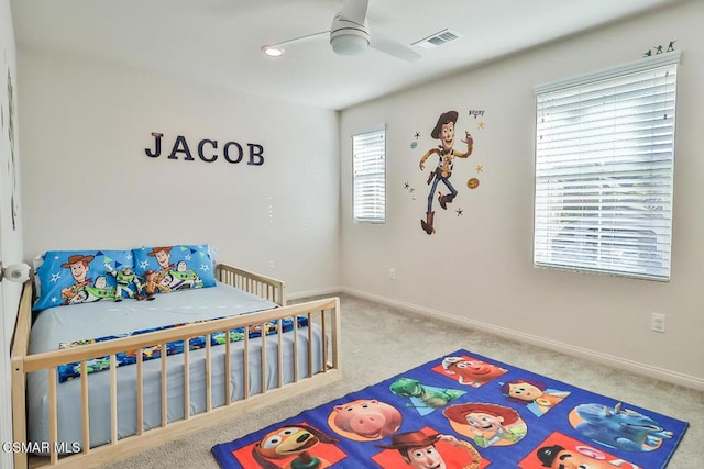 bedroom with carpet floors and ceiling fan