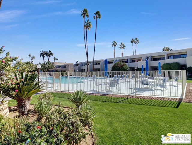 view of pool with a patio area and a lawn