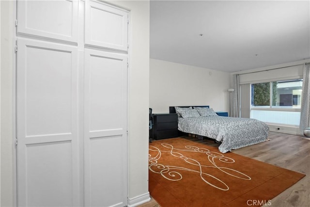 bedroom with light hardwood / wood-style flooring and a closet