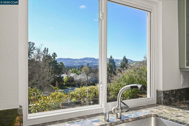 room details with a mountain view, sink, and stone counters