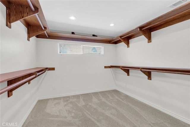 walk in closet with light colored carpet