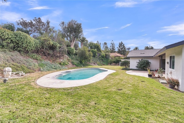 view of swimming pool featuring a patio and a lawn