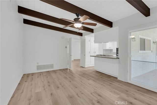 unfurnished living room featuring beam ceiling, light hardwood / wood-style floors, and ceiling fan