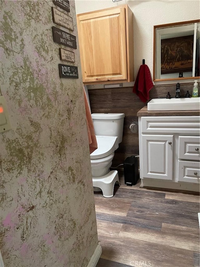 bathroom featuring vanity, hardwood / wood-style flooring, and toilet