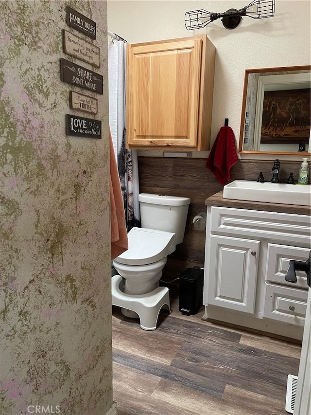 bathroom with hardwood / wood-style flooring, vanity, and toilet