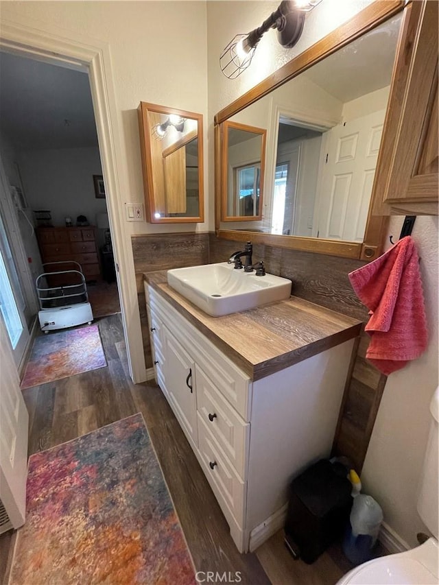 bathroom with vanity and wood-type flooring