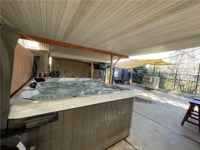 view of patio featuring a hot tub