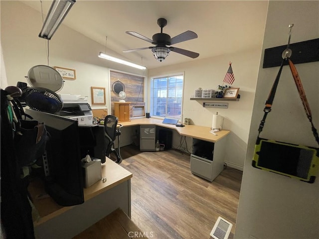 office featuring ceiling fan and light hardwood / wood-style floors