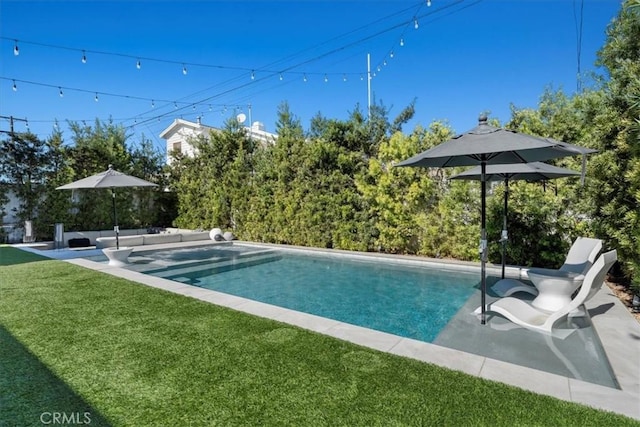 view of swimming pool featuring a patio area and a yard