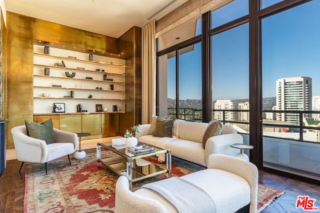 living room with dark parquet flooring