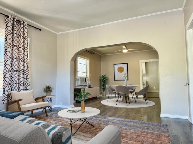 living room with ornamental molding, dark wood-type flooring, and cooling unit