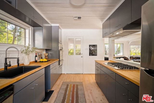 kitchen with sink, stainless steel appliances, light hardwood / wood-style flooring, and wood counters