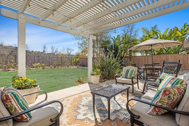 view of patio featuring a pergola and an outdoor hangout area