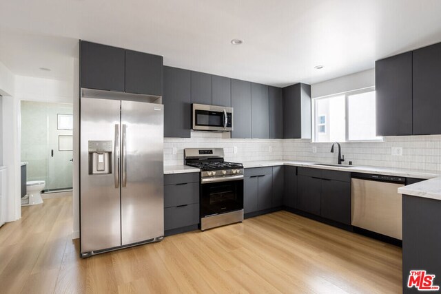 kitchen with sink, light wood-type flooring, tasteful backsplash, and appliances with stainless steel finishes