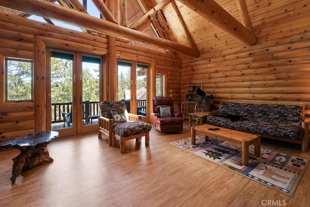 interior space with high vaulted ceiling, beamed ceiling, wooden ceiling, and wood finished floors