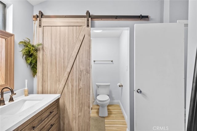 bathroom featuring vanity, toilet, and hardwood / wood-style flooring