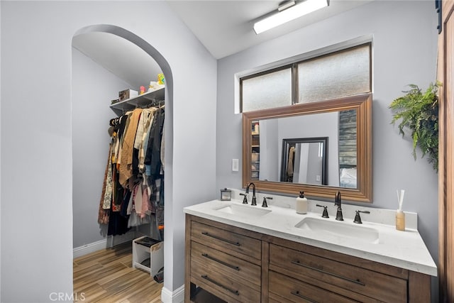 bathroom with wood-type flooring and vanity