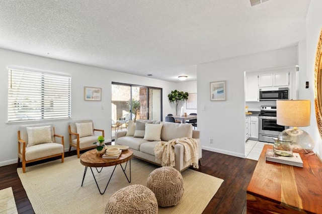 living room featuring hardwood / wood-style flooring and a textured ceiling