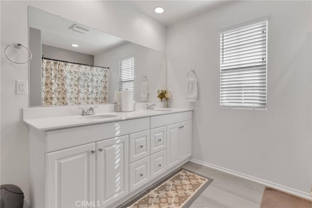 bathroom with vanity and hardwood / wood-style floors