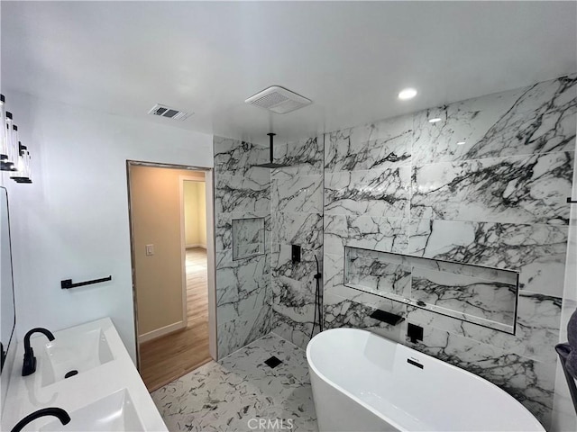 bathroom with separate shower and tub and sink