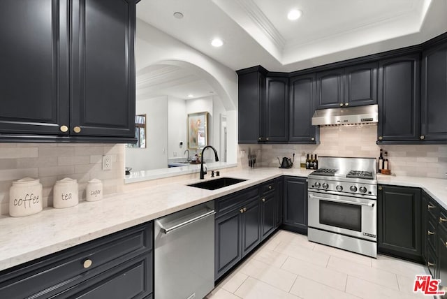 kitchen with decorative backsplash, sink, a raised ceiling, ornamental molding, and stainless steel appliances