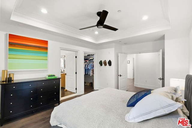 bedroom with a walk in closet, ceiling fan, and a tray ceiling