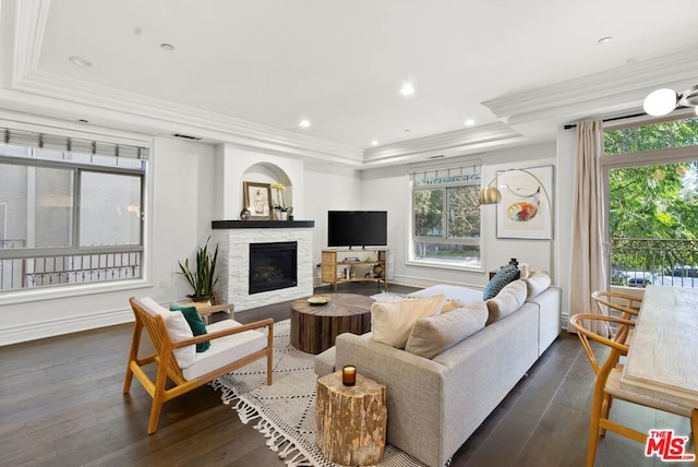 living room featuring dark hardwood / wood-style flooring, crown molding, and a fireplace