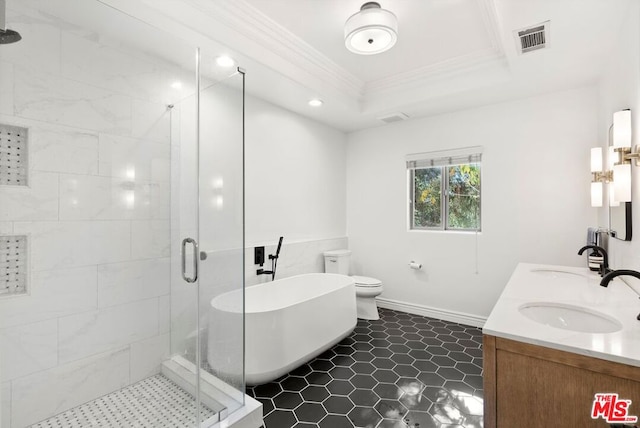 bathroom with toilet, an enclosed shower, a raised ceiling, ornamental molding, and vanity