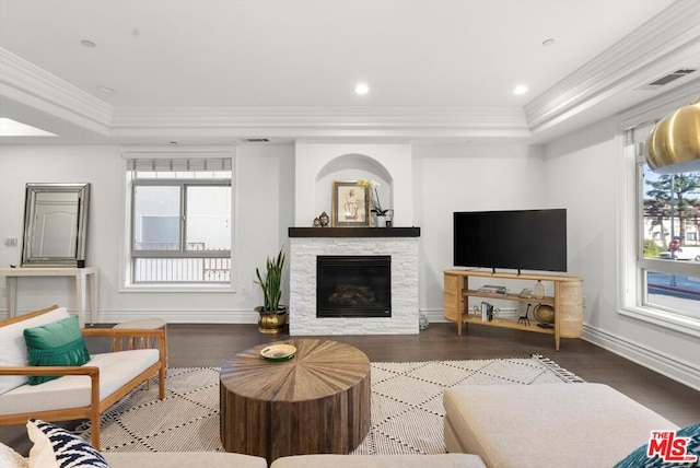 living room with a wealth of natural light, a tray ceiling, dark hardwood / wood-style floors, and a fireplace