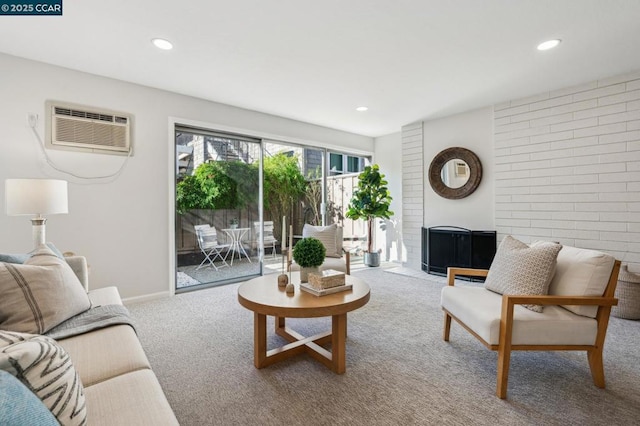 carpeted living room with a wall mounted air conditioner