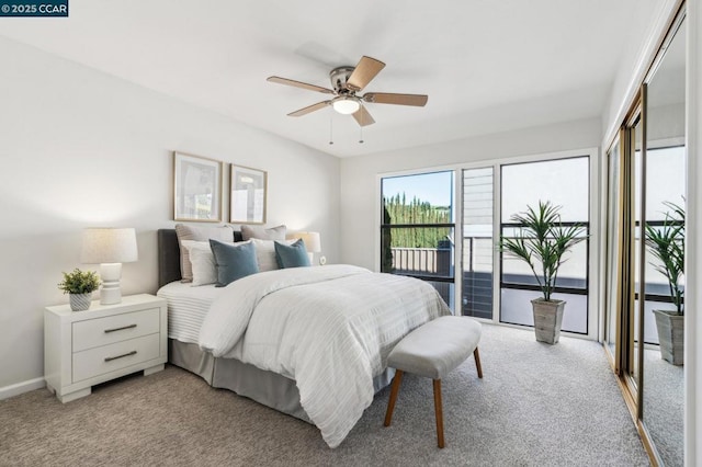 bedroom featuring ceiling fan, carpet floors, and access to outside