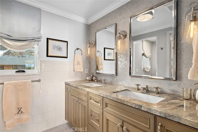 bathroom featuring vanity, crown molding, and tile patterned flooring