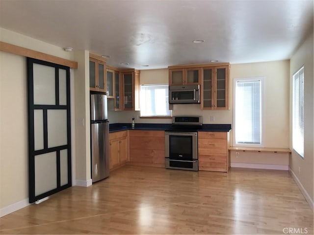 kitchen with light hardwood / wood-style floors and appliances with stainless steel finishes