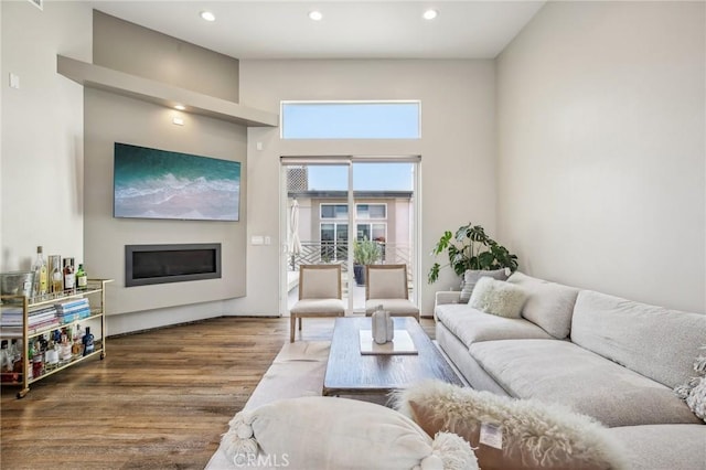 living room with a high ceiling and hardwood / wood-style floors