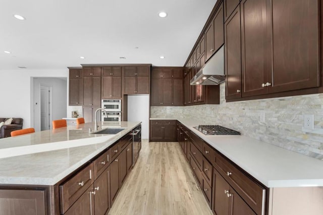 kitchen featuring sink, dark brown cabinets, light hardwood / wood-style flooring, stainless steel appliances, and decorative backsplash