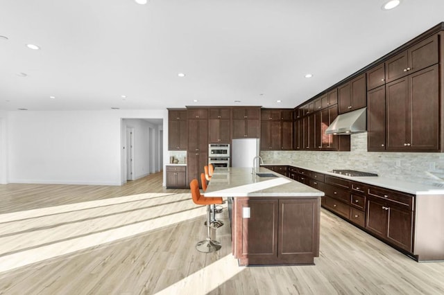 kitchen featuring sink, light hardwood / wood-style flooring, an island with sink, and appliances with stainless steel finishes