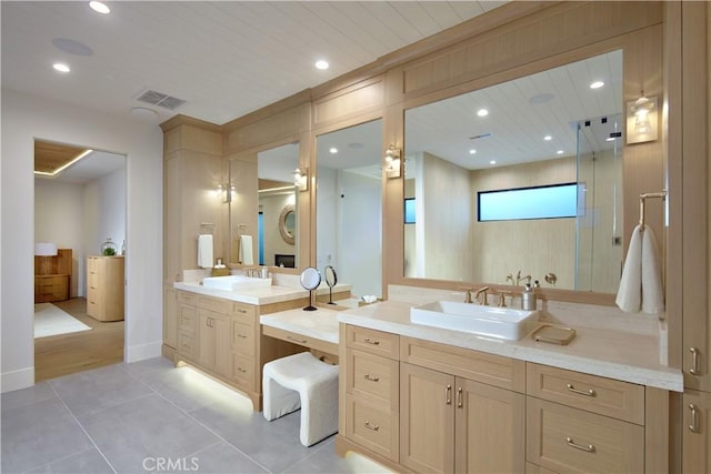 bathroom featuring vanity, walk in shower, wooden ceiling, and tile patterned flooring