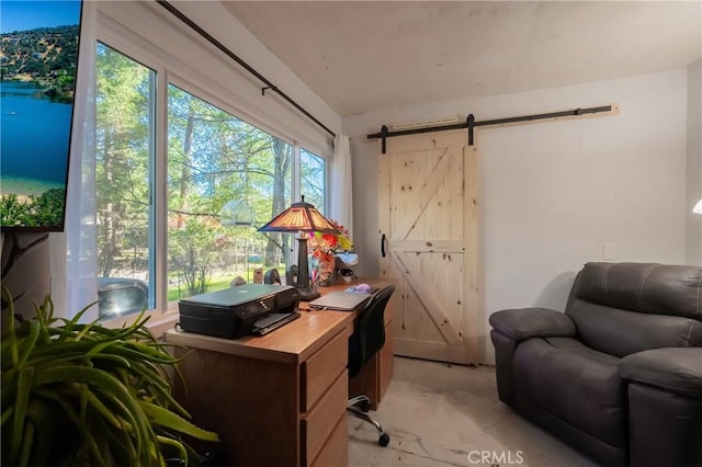 office featuring a barn door