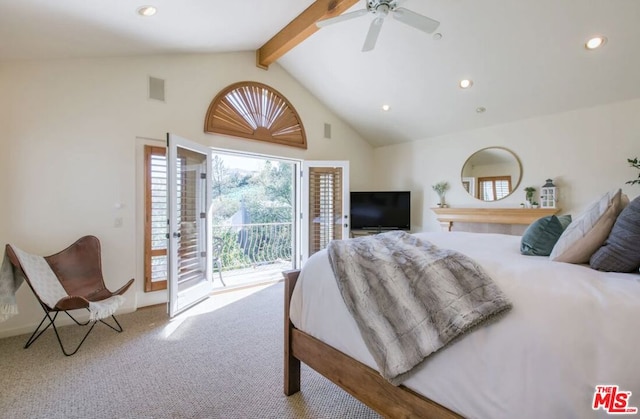 carpeted bedroom featuring beamed ceiling, ceiling fan, access to exterior, and high vaulted ceiling