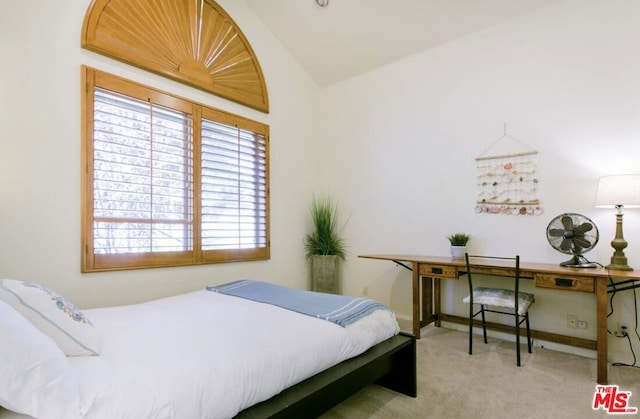 carpeted bedroom with vaulted ceiling