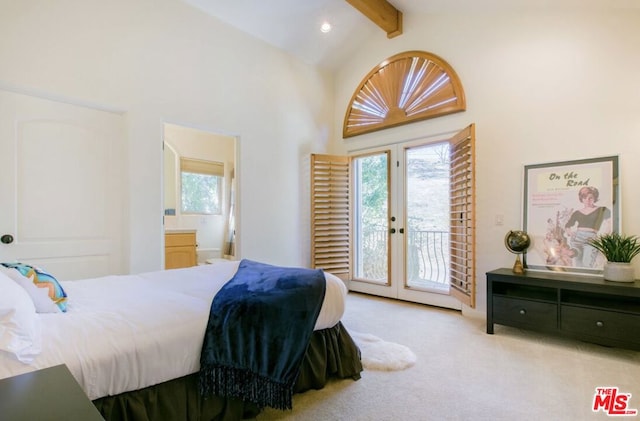 carpeted bedroom with ensuite bath, beam ceiling, high vaulted ceiling, access to outside, and french doors