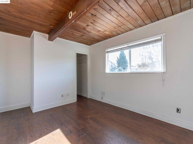 empty room featuring wood ceiling, beam ceiling, and dark wood-type flooring