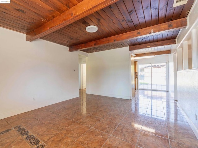 empty room with wooden ceiling and beamed ceiling