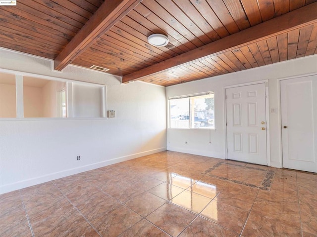 tiled empty room with wood ceiling and beamed ceiling