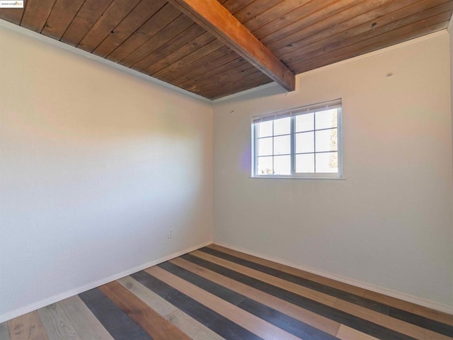 unfurnished room featuring beam ceiling and wooden ceiling