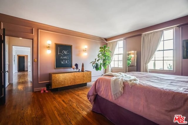 bedroom featuring multiple windows and dark hardwood / wood-style flooring