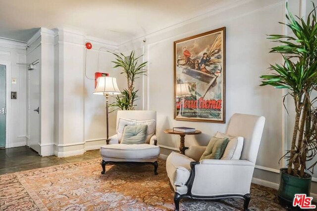 living area featuring crown molding