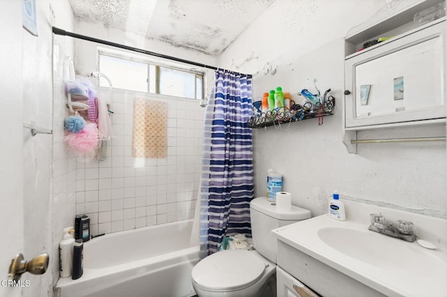 full bathroom with toilet, vanity, and shower / tub combo with curtain