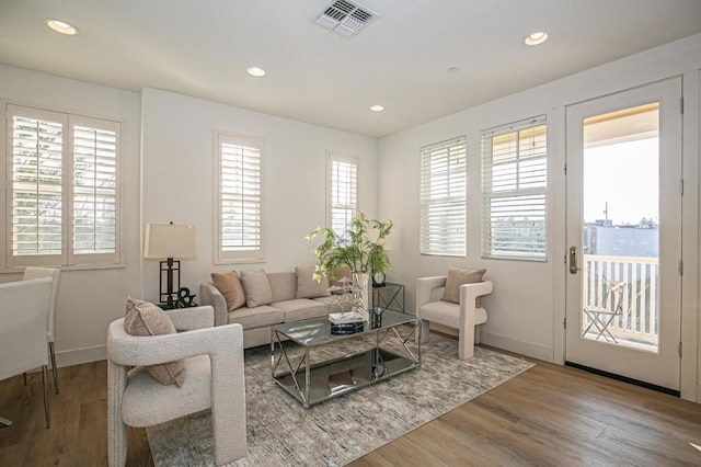 living room with hardwood / wood-style flooring and a healthy amount of sunlight